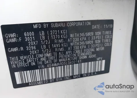 2020 Subaru Ascent Touring z USA, uszkodzony, nr VIN 4S4WMARD5L3432141